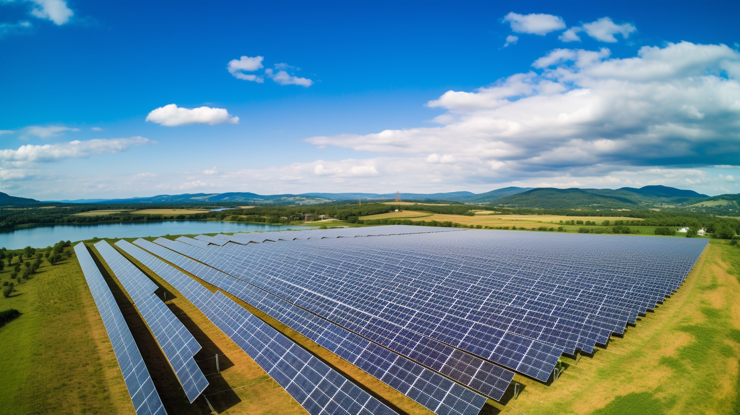 Eine sonnige 10kW Solarfarm, betrachtet aus der Perspektive einer Drohne, welche ihre Kapazität zur Reduzierung von Kohlenstoff hervorhebt