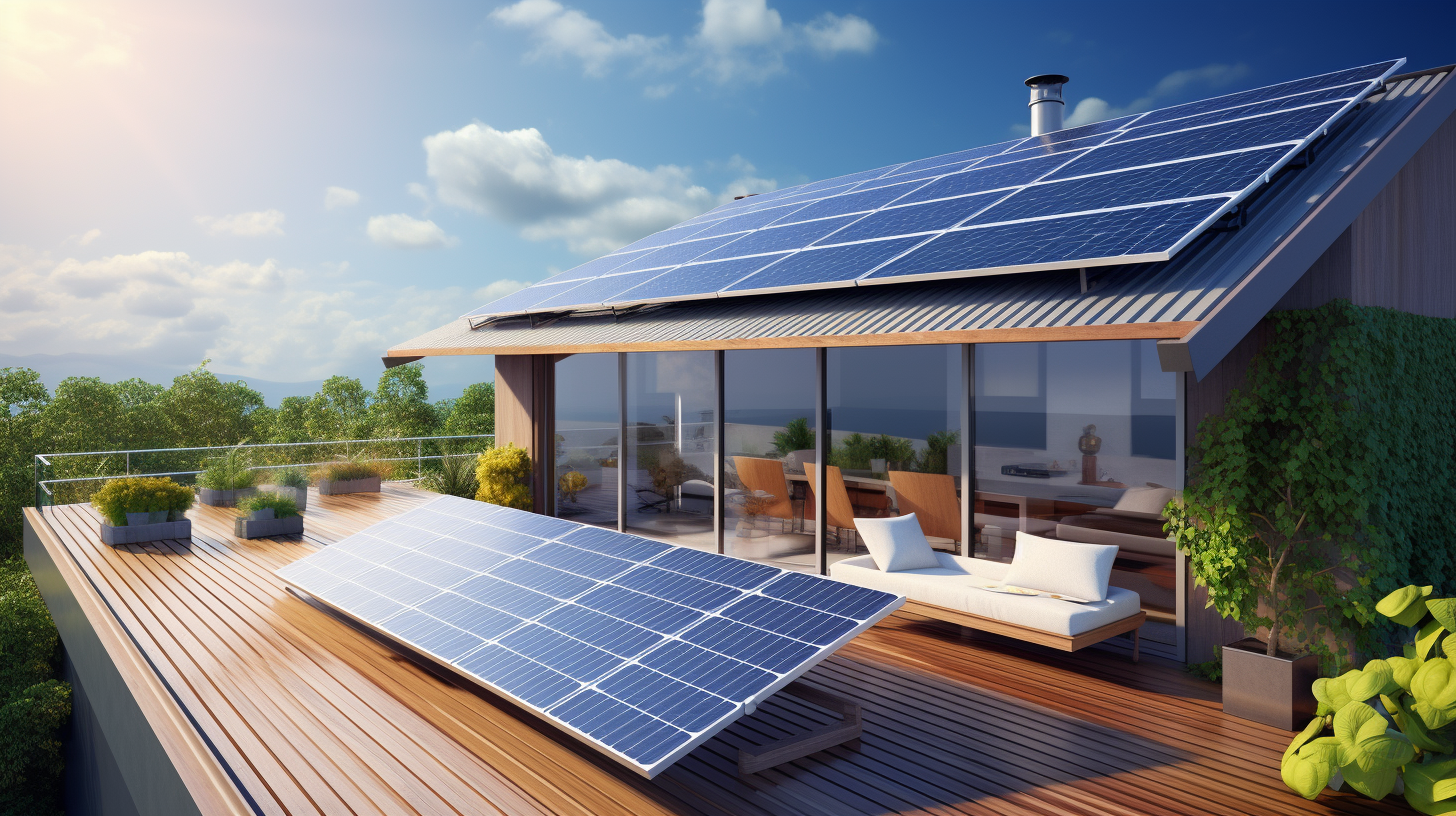 Ein sonniger Tag auf einem Dach, auf dem eine Solaranlage installiert ist.