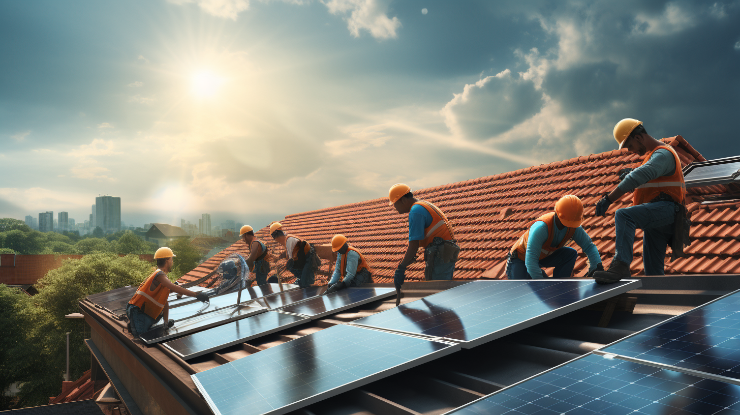 Ein Team von Arbeitern installiert Solarpaneele auf einem Dach.