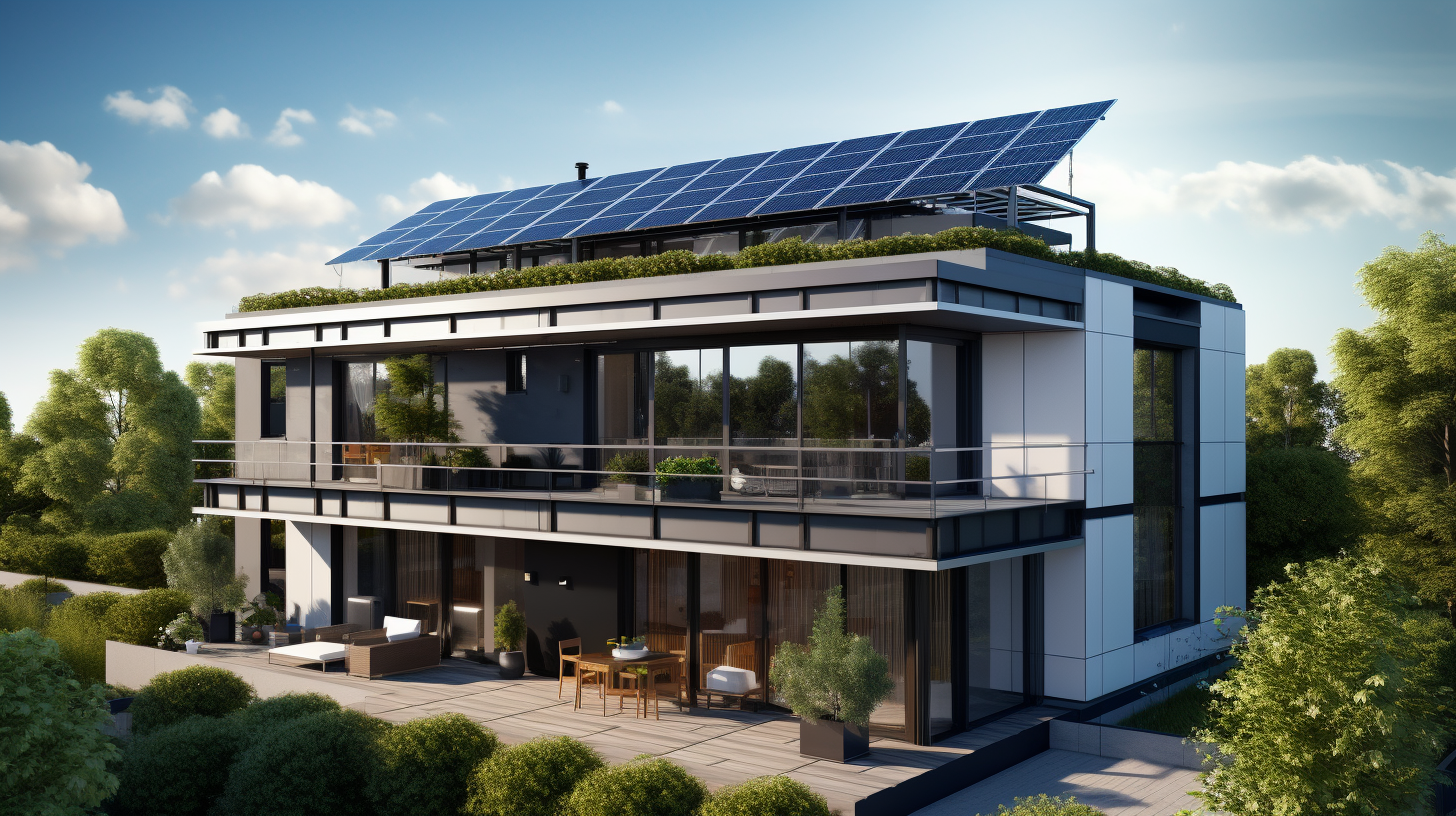 Ein Wohngebäude mit auf dem Dach installierten Solarpaneelen, die ihre Nutzung in der Warmwasseraufbereitung und Heizungsunterstützung demonstrieren.
