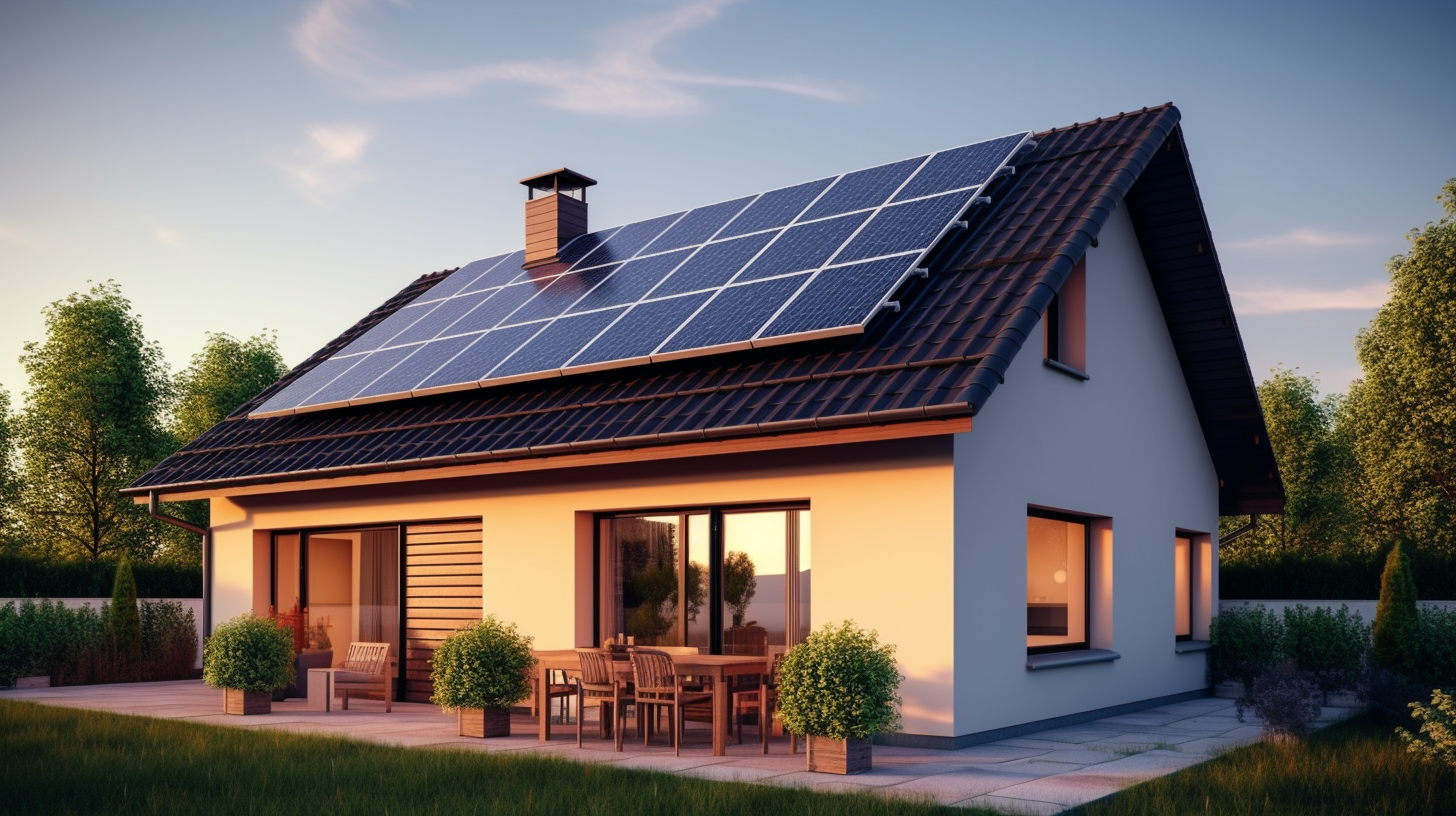 Ein Bild, das ein Haus mit Photovoltaik-Solarpaneelen auf dem Dach darstellt, symbolisiert die Nutzung von Photovoltaiksystemen zur Stromerzeugung im Wohnbereich.