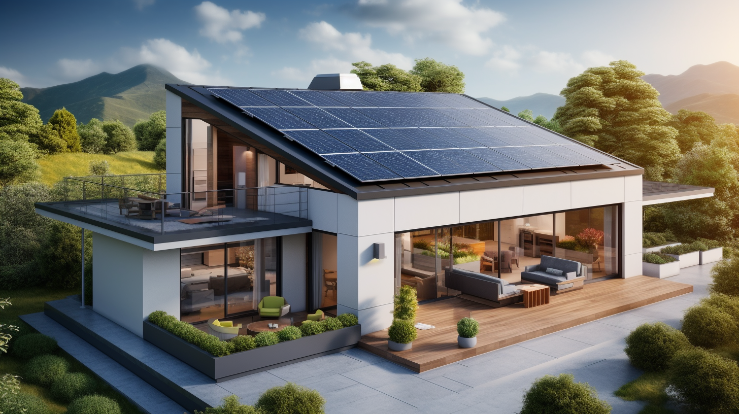 Ein modernes Haus mit einer Solaranlage auf dem Dach, das die Zukunft der Haushaltsenergielösungen darstellt. Der Hausbesitzer steht stolz neben den Solarpaneelen und zeigt, wie sein Haus umweltfreundlichen Sonnenstrom erzeugt.